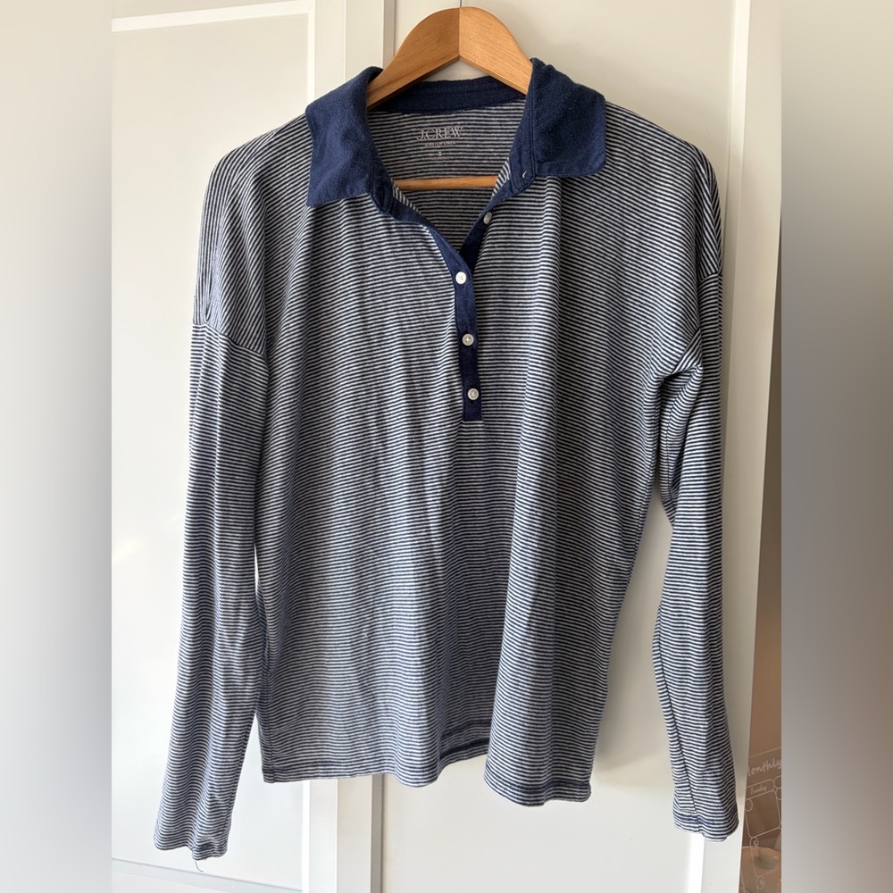 J.Crew navy blue stretch linen long sleeve polo